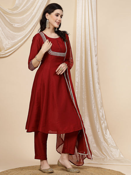 Women Maroon Mirror Work Embroidered Anarkali Kurta With Trouser & Dupatta