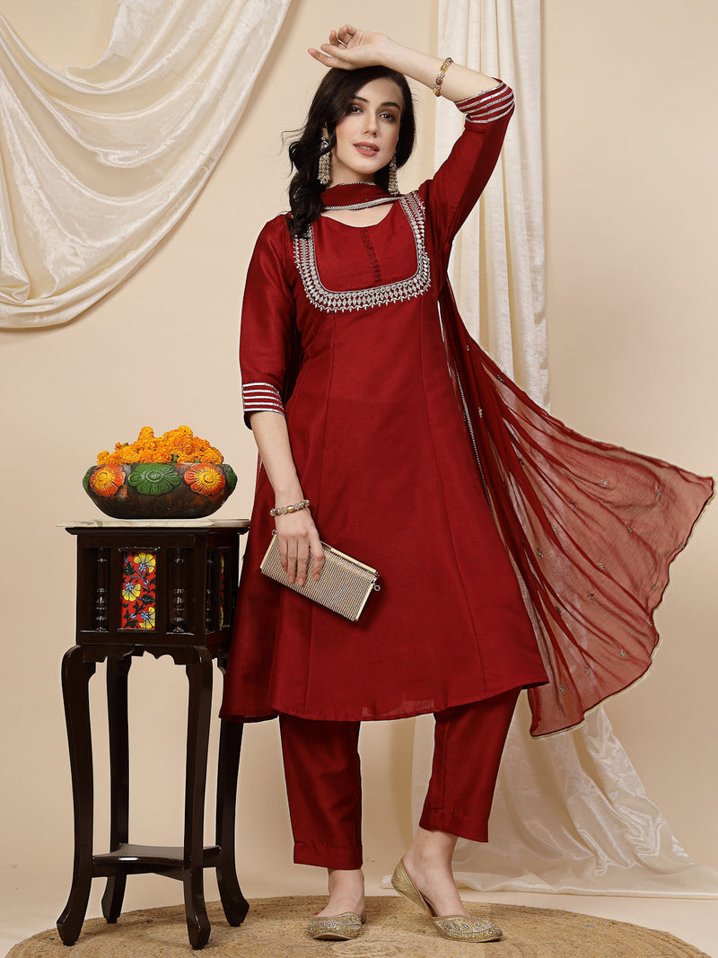 Women Maroon Mirror Work Embroidered Anarkali Kurta With Trouser & Dupatta
