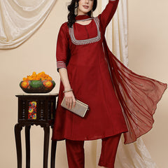 Women Maroon Mirror Work Embroidered Anarkali Kurta With Trouser & Dupatta