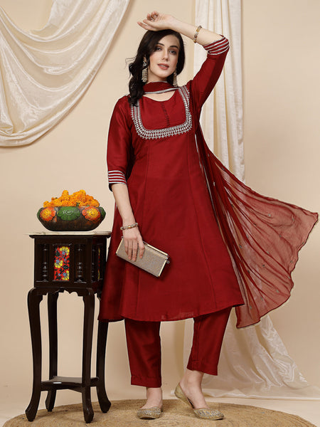 Women Maroon Mirror Work Embroidered Anarkali Kurta With Trouser & Dupatta