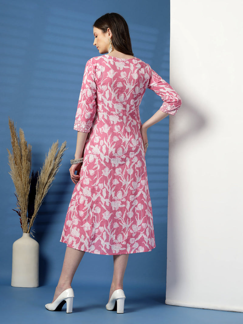 Elegant Pink A-Line Dress with Handwork Detailing