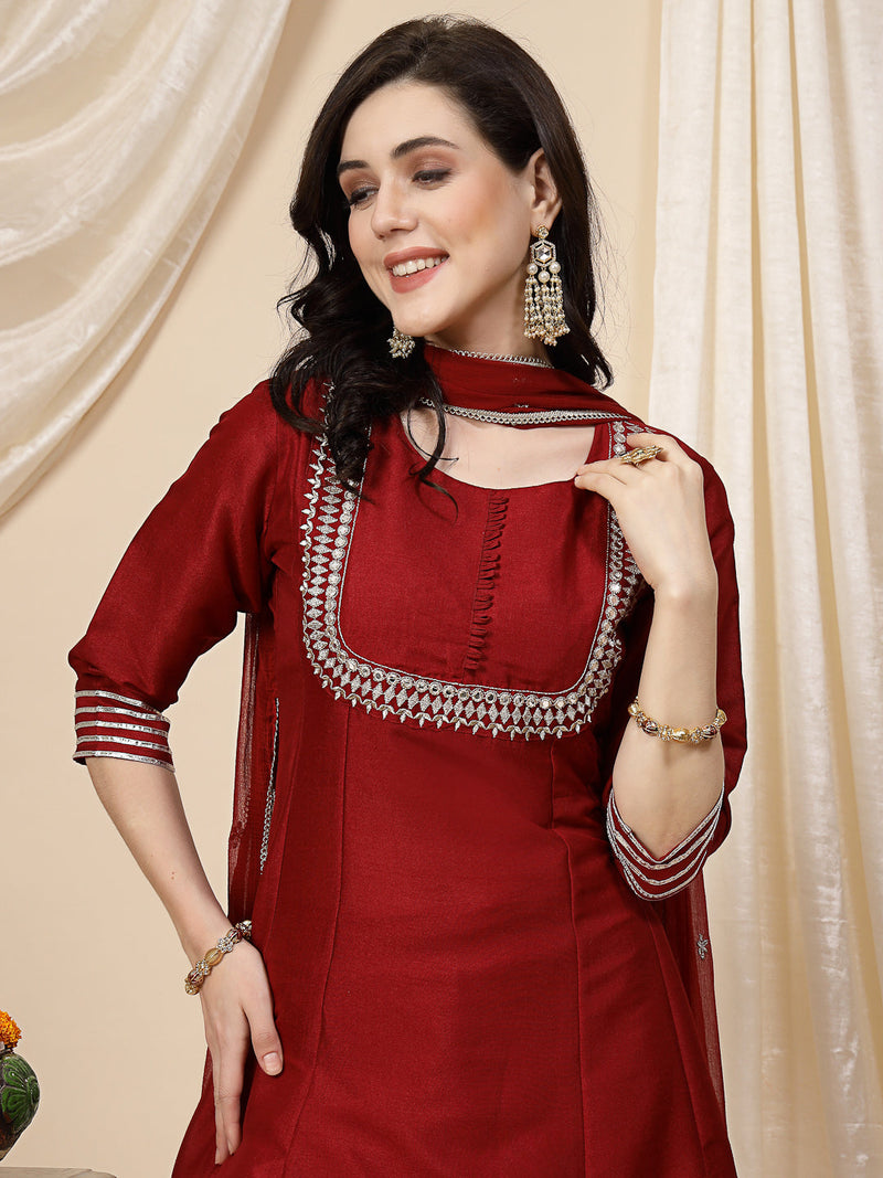 Women Maroon Mirror Work Embroidered Anarkali Kurta With Trouser & Dupatta