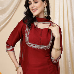 Women Maroon Mirror Work Embroidered Anarkali Kurta With Trouser & Dupatta