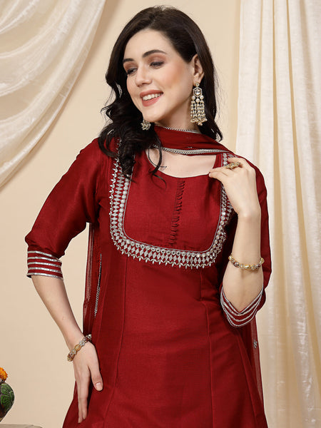 Women Maroon Mirror Work Embroidered Anarkali Kurta With Trouser & Dupatta