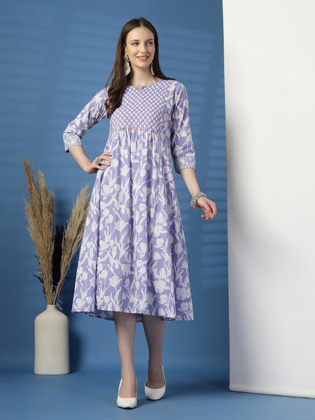 Women Purple Color Floral Printed Sequinned Kurta