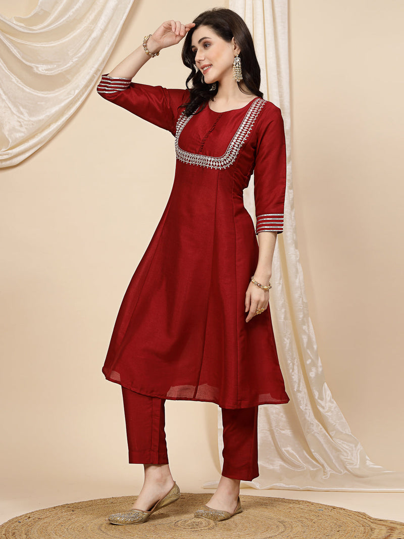 Women Maroon Mirror Work Embroidered Anarkali Kurta With Trouser & Dupatta