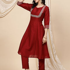 Women Maroon Mirror Work Embroidered Anarkali Kurta With Trouser & Dupatta