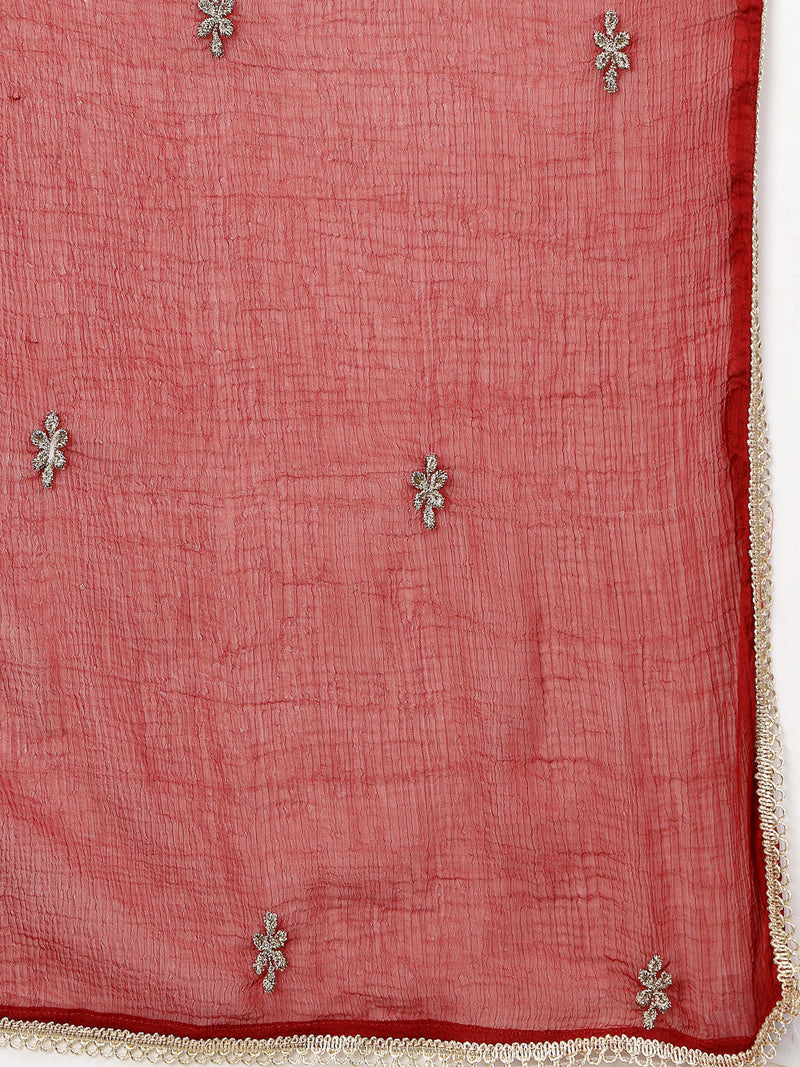 Women Maroon Mirror Work Embroidered Anarkali Kurta With Trouser & Dupatta