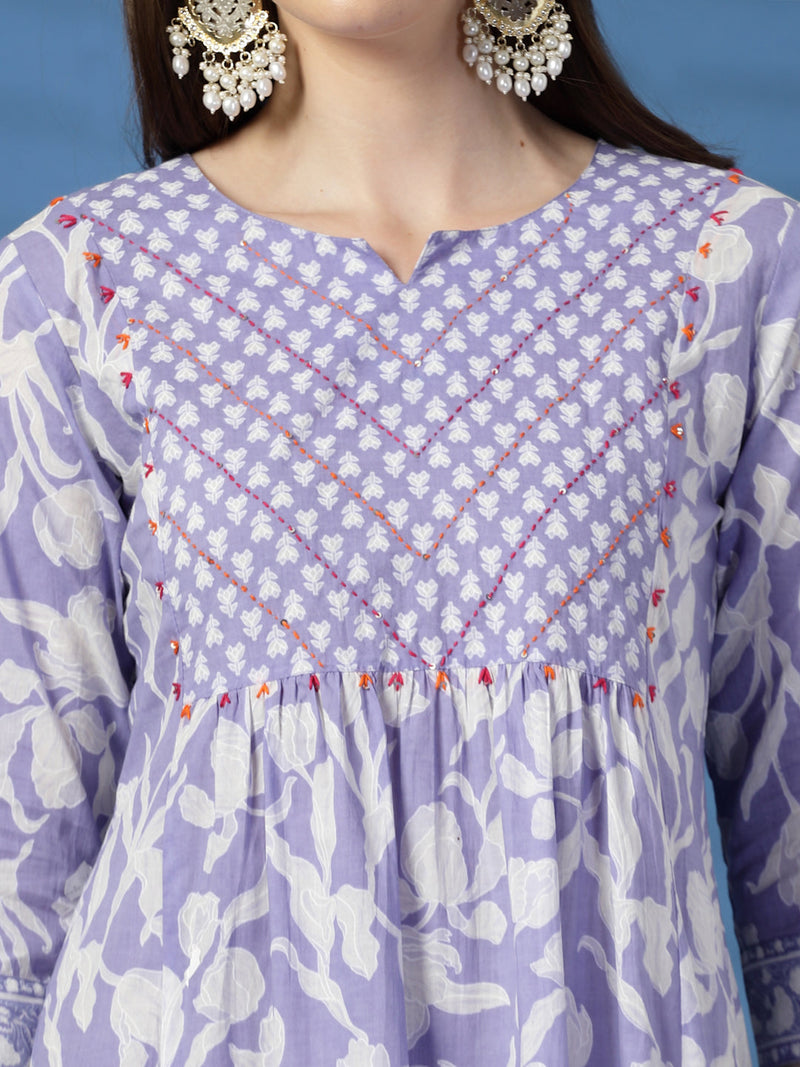 Women Purple Color Floral Printed Sequinned Kurta