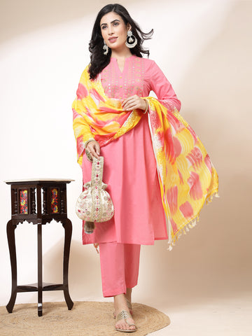 Women Peach Color Embroidery Kurta Pant With Dupatta set