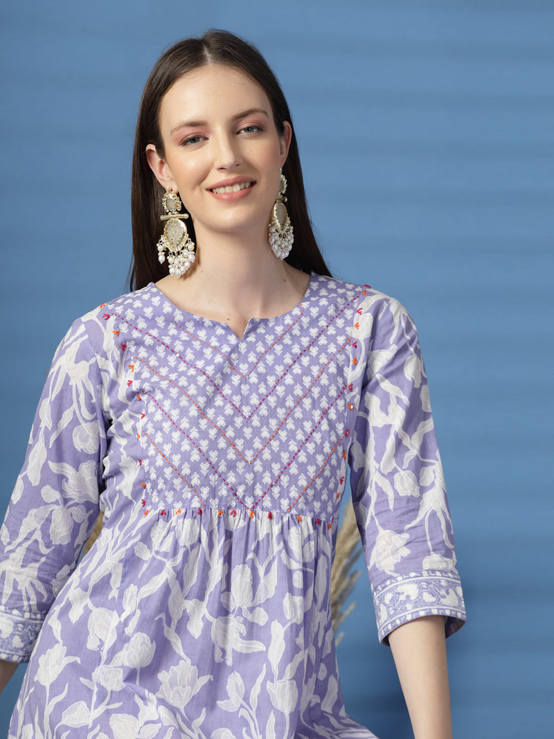 Women Purple Color Floral Printed Sequinned Kurta