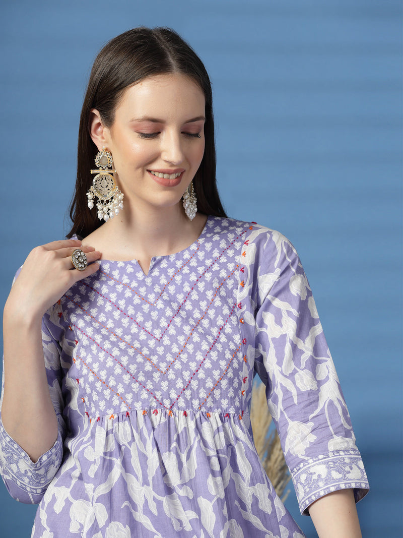 Women Purple Color Floral Printed Sequinned Kurta