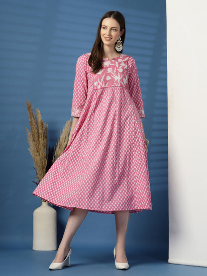 Charming Pink A-Line Dress with Handwork Detailing