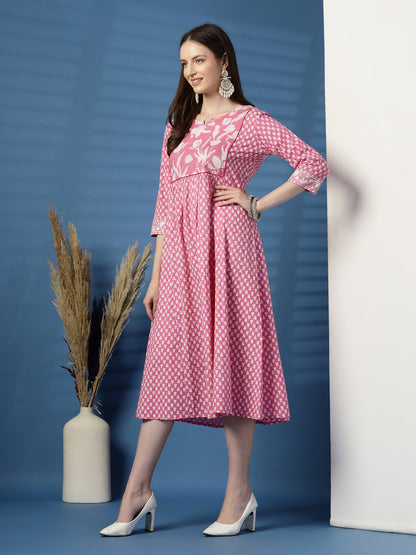 Charming Pink A-Line Dress with Handwork Detailing