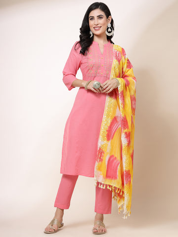 Women Peach Color Embroidery Kurta Pant With Dupatta set
