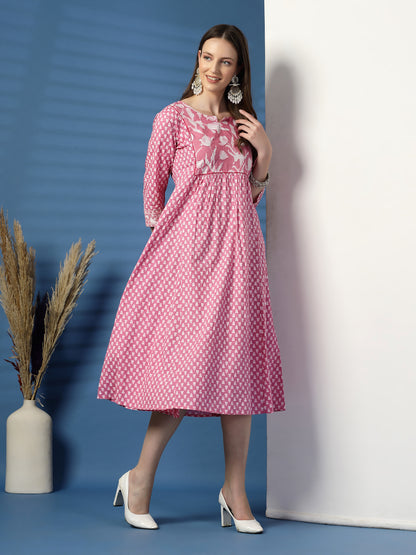Charming Pink A-Line Dress with Handwork Detailing