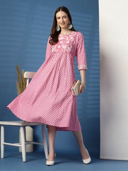 Charming Pink A-Line Dress with Handwork Detailing