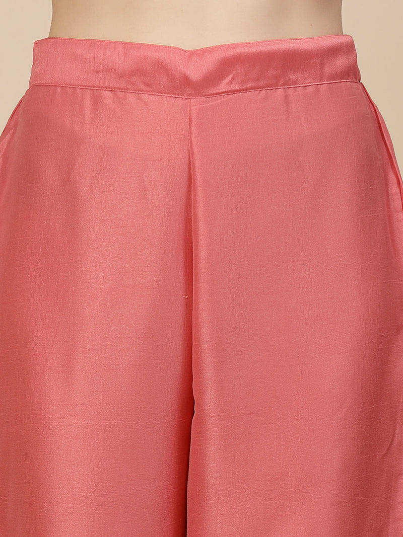 Women Peach-Coloured Mirror Work Embroidered Anarkali Kurta & Trousers With Dupatta