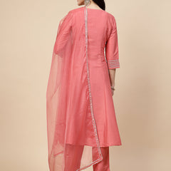 Women Peach-Coloured Mirror Work Embroidered Anarkali Kurta & Trousers With Dupatta