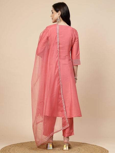 Women Peach-Coloured Mirror Work Embroidered Anarkali Kurta & Trousers With Dupatta