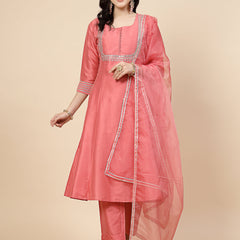 Women Peach-Coloured Mirror Work Embroidered Anarkali Kurta & Trousers With Dupatta