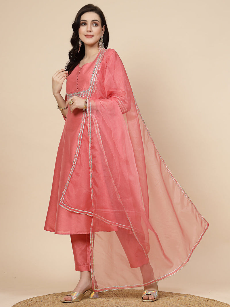 Women Peach-Coloured Mirror Work Embroidered Anarkali Kurta & Trousers With Dupatta