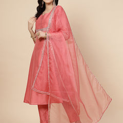 Women Peach-Coloured Mirror Work Embroidered Anarkali Kurta & Trousers With Dupatta