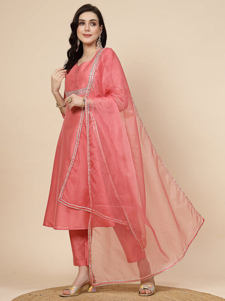 Women Peach-Coloured Mirror Work Embroidered Anarkali Kurta & Trousers With Dupatta