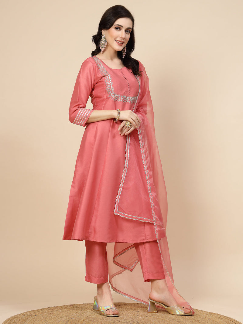 Women Peach-Coloured Mirror Work Embroidered Anarkali Kurta & Trousers With Dupatta