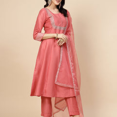 Women Peach-Coloured Mirror Work Embroidered Anarkali Kurta & Trousers With Dupatta