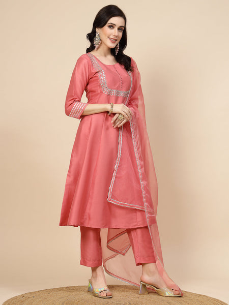 Women Peach-Coloured Mirror Work Embroidered Anarkali Kurta & Trousers With Dupatta