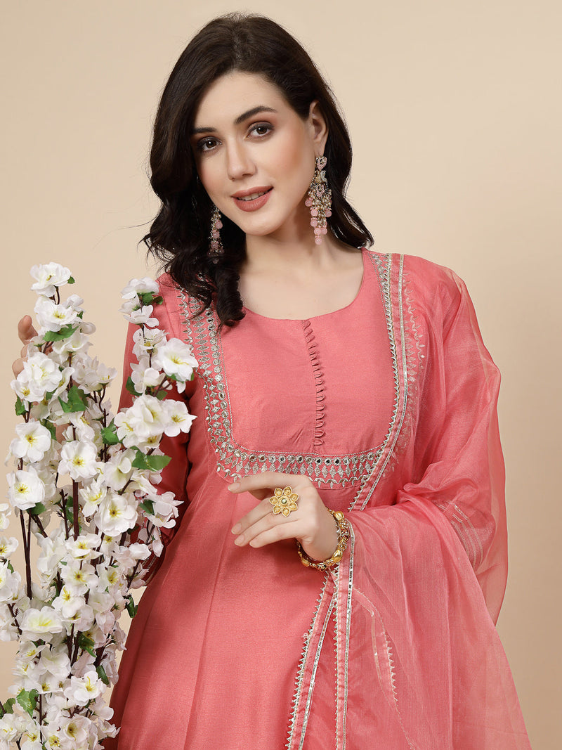 Women Peach-Coloured Mirror Work Embroidered Anarkali Kurta & Trousers With Dupatta