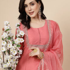 Women Peach-Coloured Mirror Work Embroidered Anarkali Kurta & Trousers With Dupatta