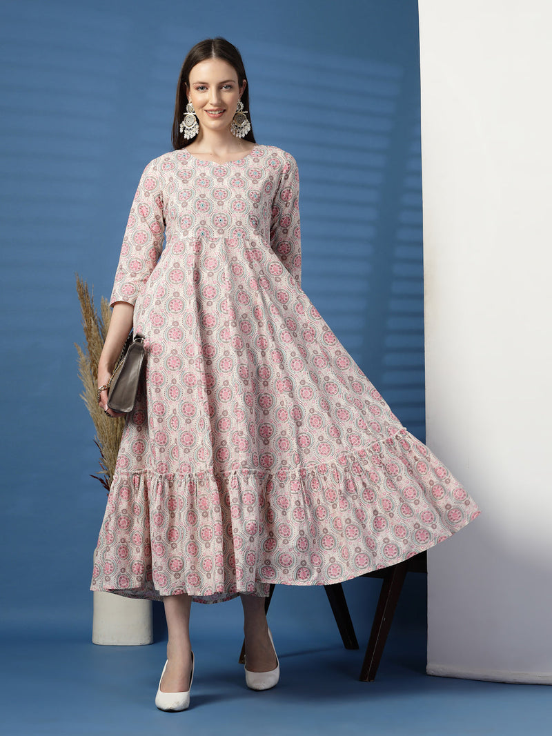Elegant Beige Anarkali Dress with Printed & Threadwork Detailing - Rama's Kurti Jaipur 