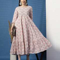 Elegant Beige Anarkali Dress with Printed & Threadwork Detailing - Rama's Kurti Jaipur 