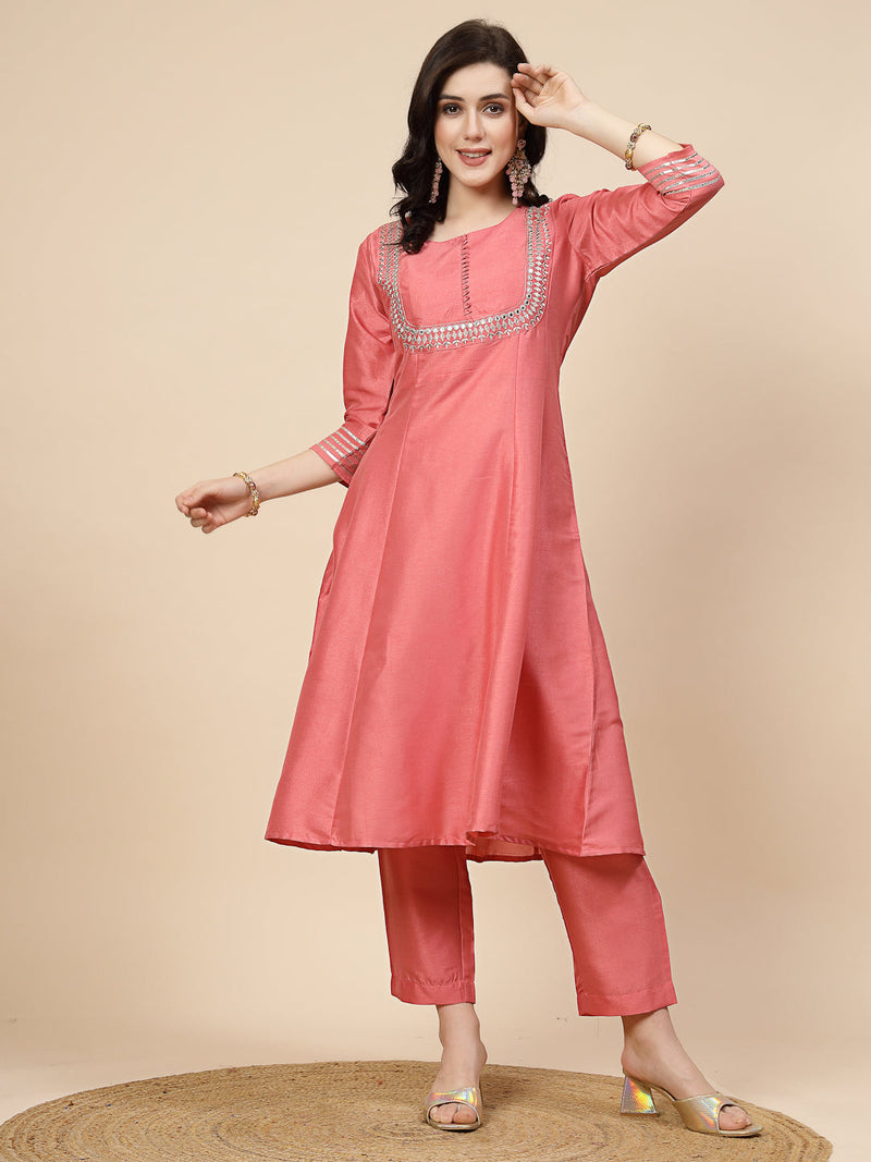 Women Peach-Coloured Mirror Work Embroidered Anarkali Kurta & Trousers With Dupatta