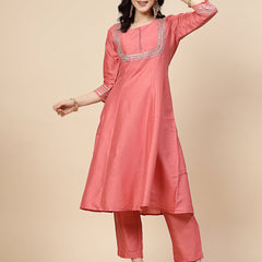Women Peach-Coloured Mirror Work Embroidered Anarkali Kurta & Trousers With Dupatta