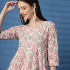 Elegant Beige Anarkali Dress with Printed & Threadwork Detailing - Rama's Kurti Jaipur 