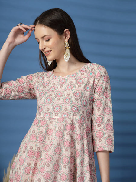 Elegant Beige Anarkali Dress with Printed & Threadwork Detailing - Rama's Kurti Jaipur 