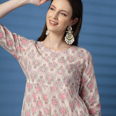 Elegant Beige Anarkali Dress with Printed & Threadwork Detailing - Rama's Kurti Jaipur 