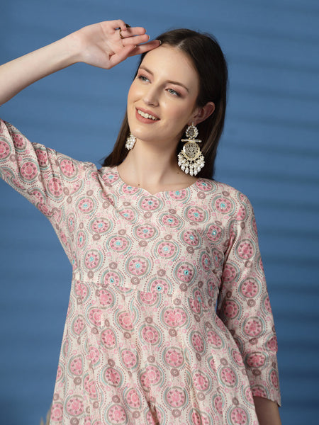 Elegant Beige Anarkali Dress with Printed & Threadwork Detailing - Rama's Kurti Jaipur 