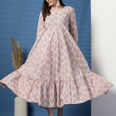 Elegant Beige Anarkali Dress with Printed & Threadwork Detailing - Rama's Kurti Jaipur 