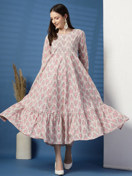 Elegant Beige Anarkali Dress with Printed & Threadwork Detailing - Rama's Kurti Jaipur 