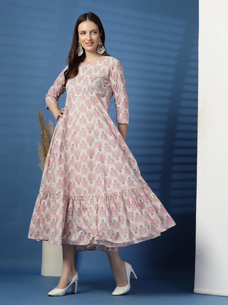 Elegant Beige Anarkali Dress with Printed & Threadwork Detailing - Rama's Kurti Jaipur 