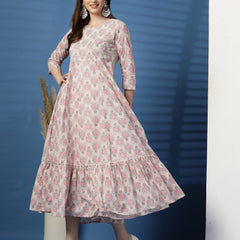 Elegant Beige Anarkali Dress with Printed & Threadwork Detailing - Rama's Kurti Jaipur 