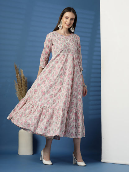Beige Mirror Work Anarkali Dress