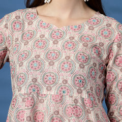 Elegant Beige Anarkali Dress with Printed & Threadwork Detailing - Rama's Kurti Jaipur 