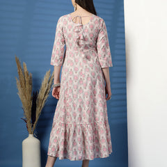 Elegant Beige Anarkali Dress with Printed & Threadwork Detailing - Rama's Kurti Jaipur 