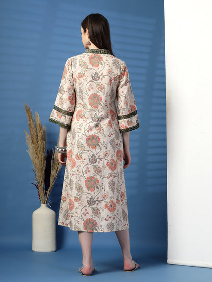 Elegant Beige A-Line Dress with Printed & Threadwork Detailing