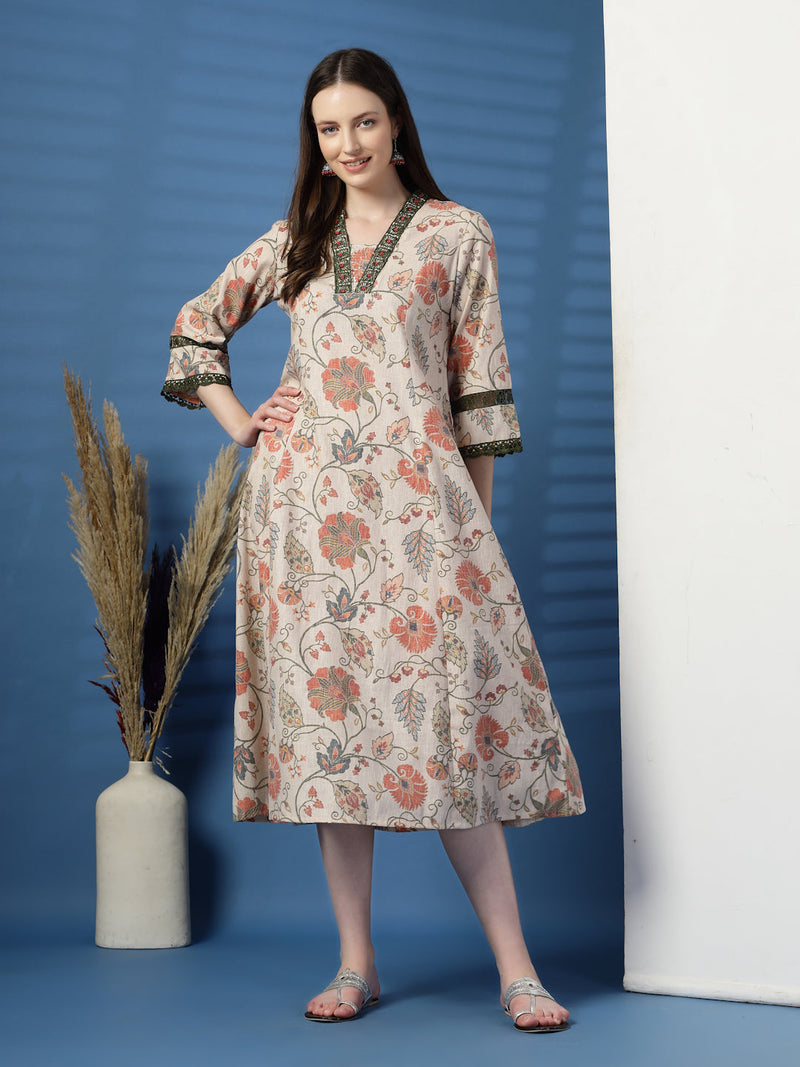Elegant Beige A-Line Dress with Printed & Threadwork Detailing - Rama's Kurti Jaipur 